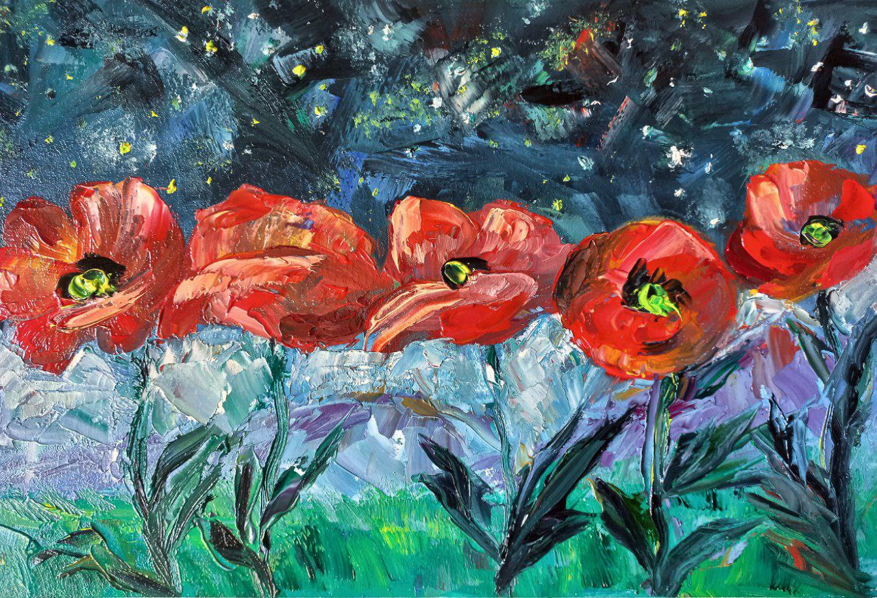 My Oil Painting: Poppies Under the Night Sky