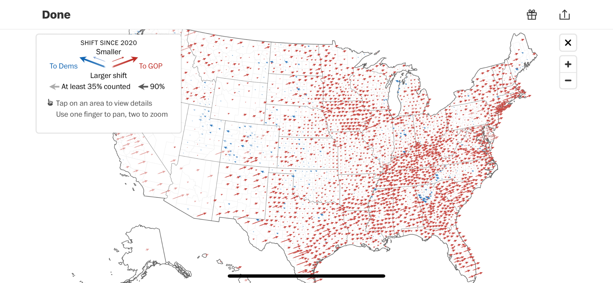 Washington Post's Voter Percentage Shift Map from 2020 to 2024
