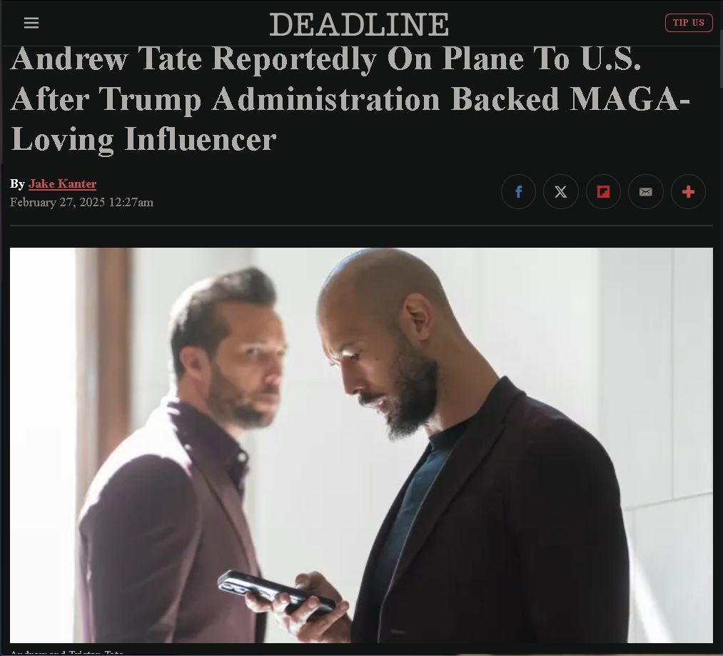 Andrew Tate reportedly flying to the U.S. after receiving support from the Trump administration for his MAGA-loving persona.