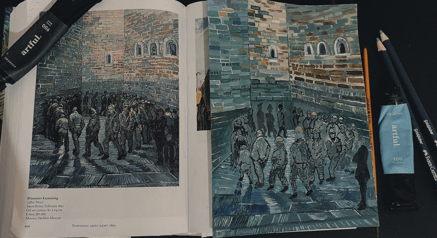 Exploring Light and Shadows: My Van Gogh Inspired Art Journal Piece Featuring Prisoners Exercising