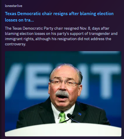 A Democrat politician points fingers at transgender people for election defeat.
