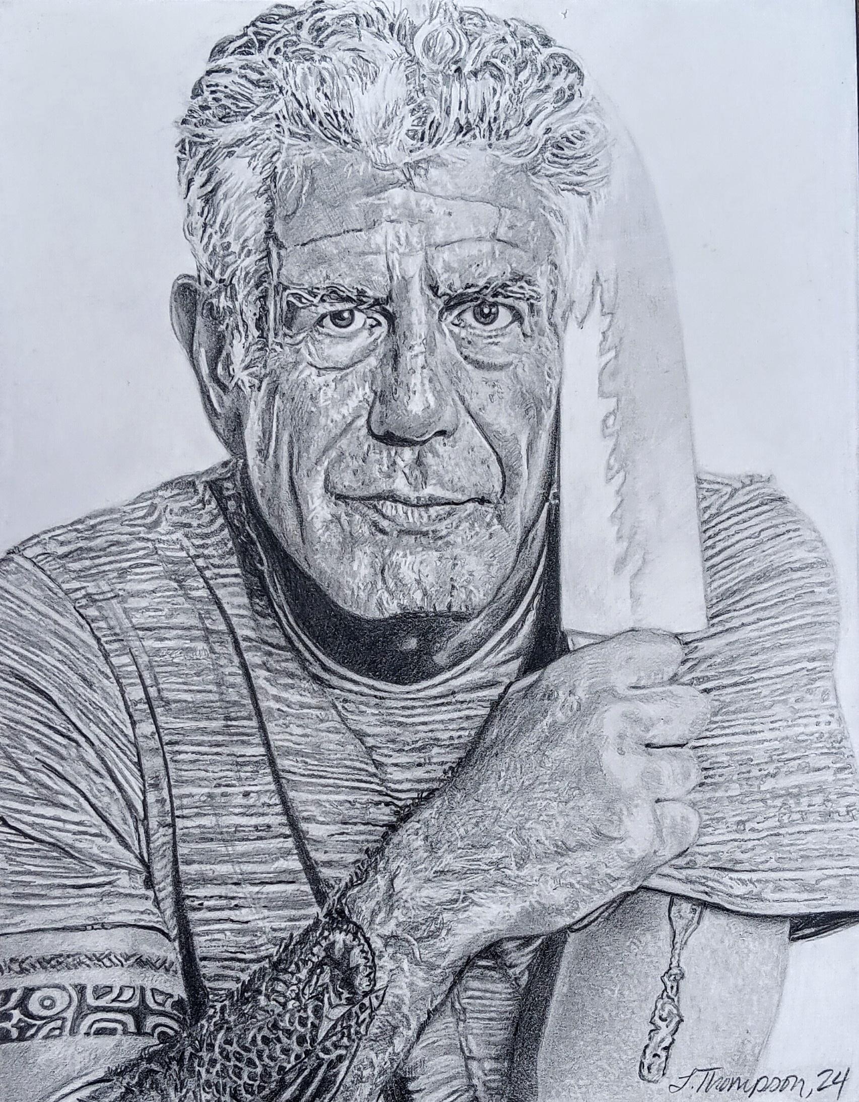 Incredible Pencil and Graphite Portrait of Anthony Bourdain with Bob Kramer