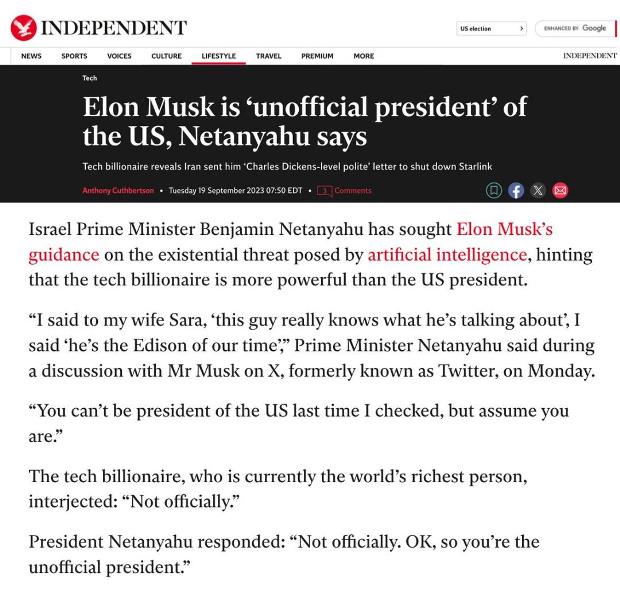 Elon Musk: The 'Unofficial President' of the US, According to Netanyahu