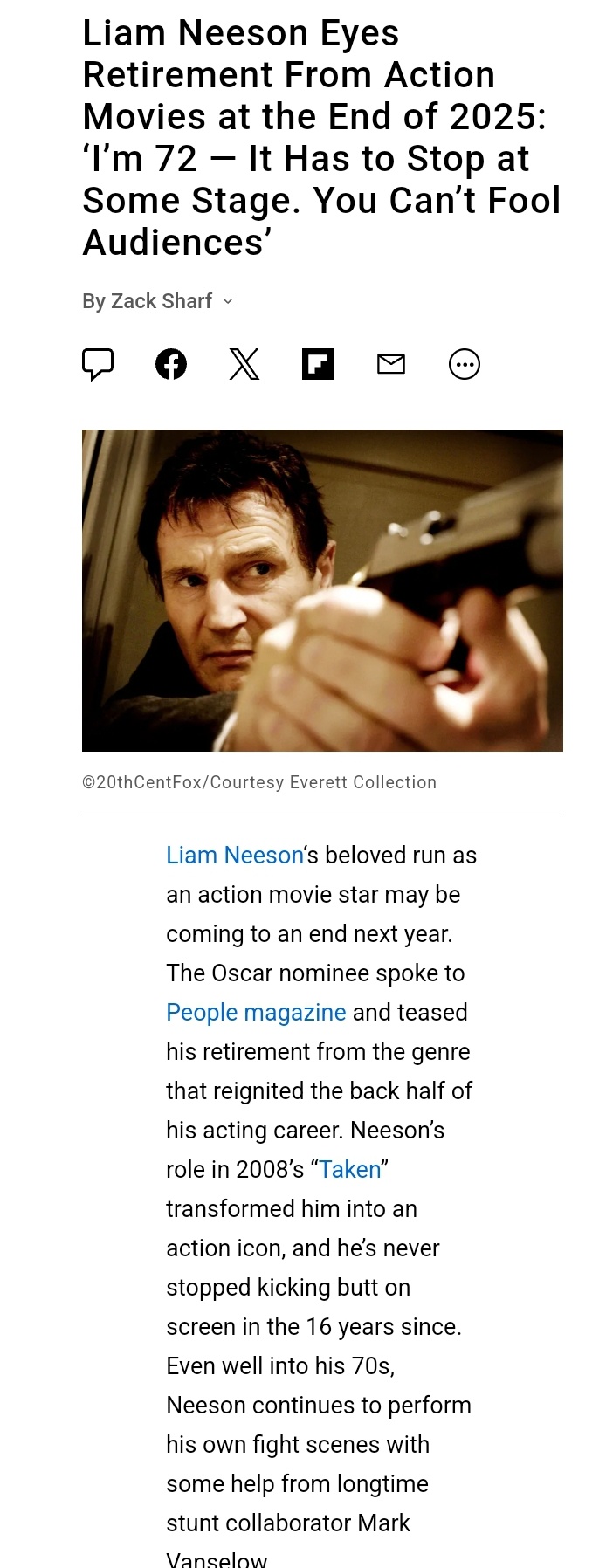 Liam Neeson Announces Retirement from Action Movies: 'At 72, It’s Time to Hang Up the Boots'