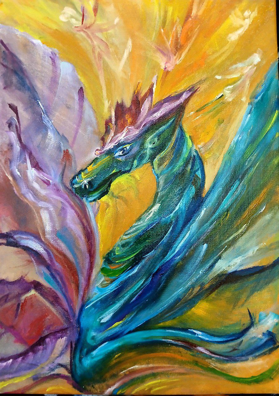 My Oil Painting: A Magical Scene with Dragons and Fairies