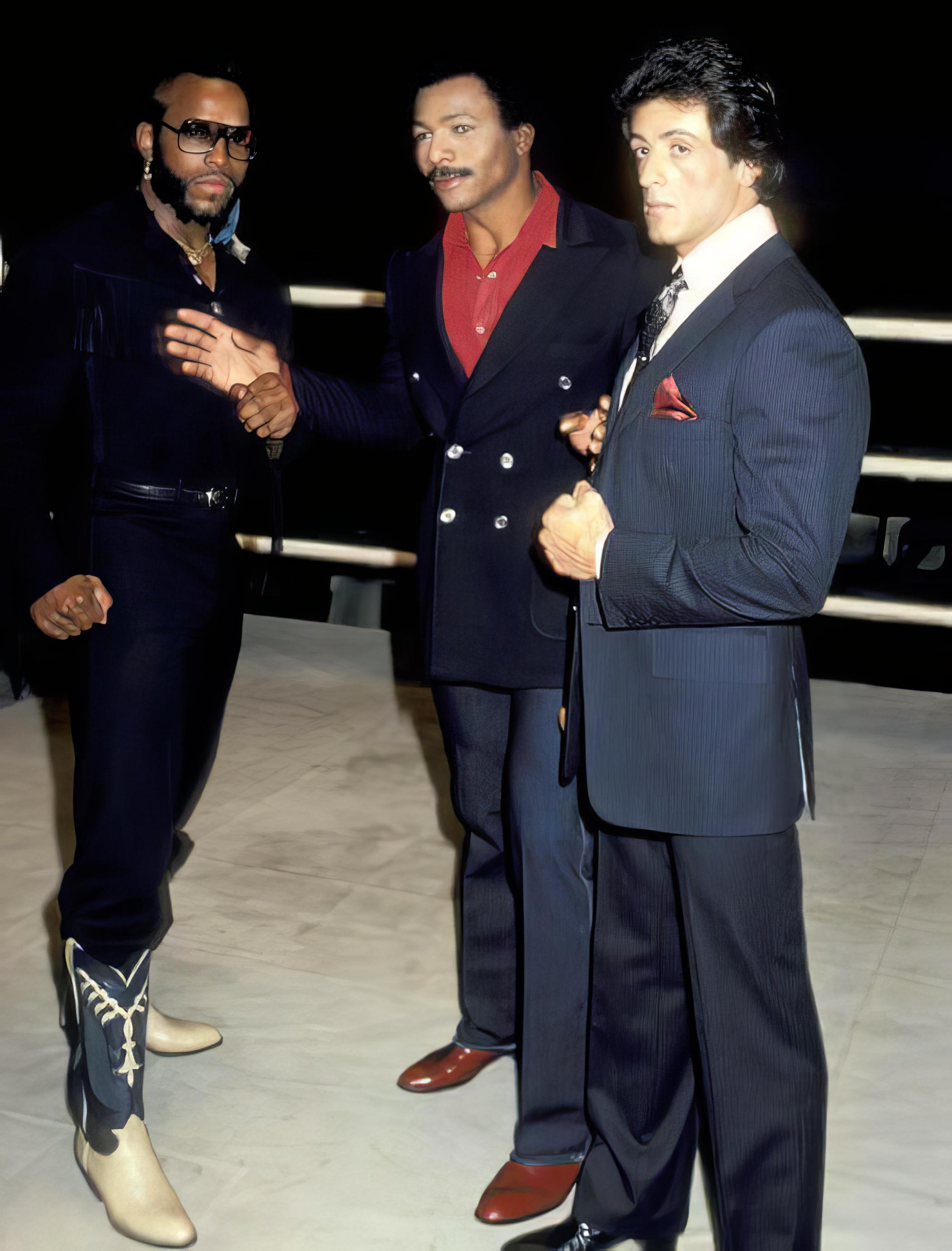 Behind the scenes with Mr. T, Carl Weathers, and Sylvester Stallone on the set of Rocky III in 1982