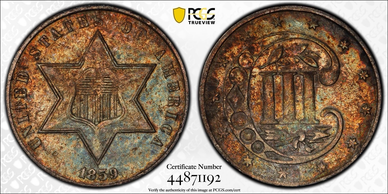 1859 Silver Three Cent Coin - Graded PCGS VF30