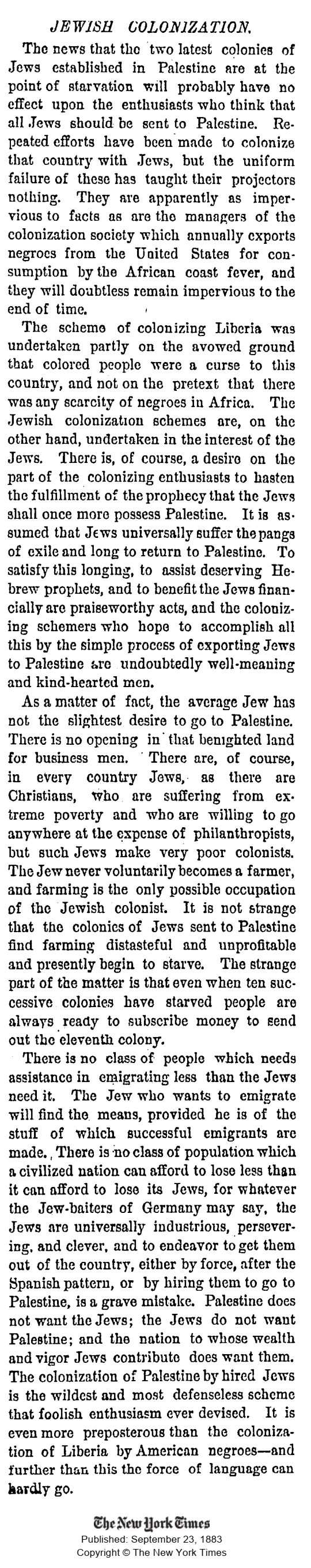 Historical Insight: Jewish Colonization from September 23, 1883 - NYTimes