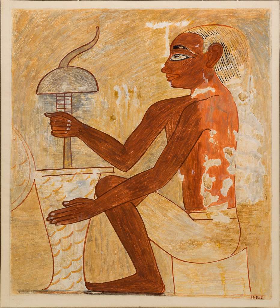 Ancient Egyptian art of drilling a stone vase from the Tomb of Rekhmire, circa 1504-1425 B.C. [Met Collection NYC, not on display]