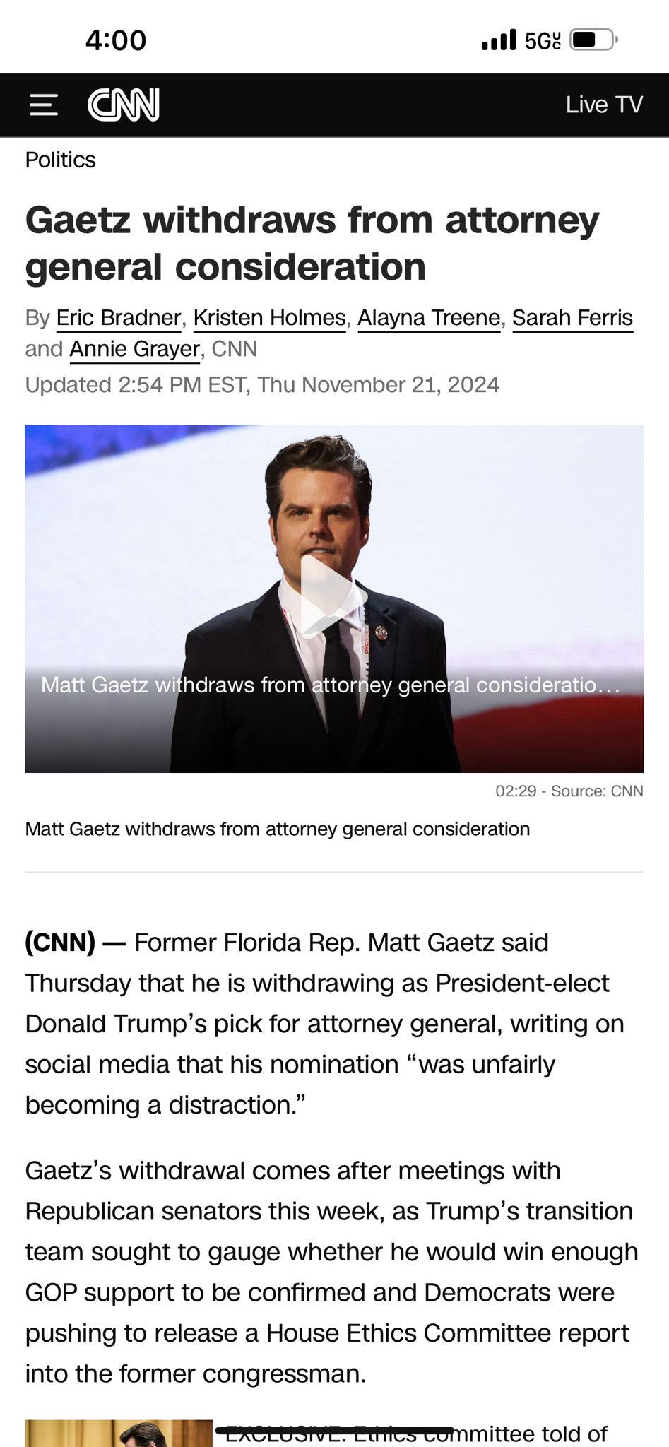 Gaetz Bows Out of the Attorney General Race