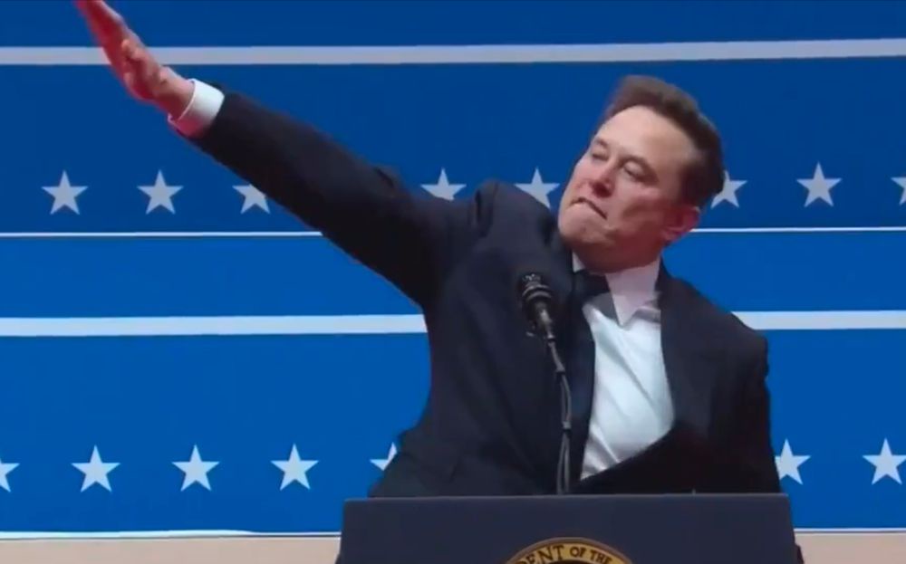 Elon Musk, a white supremacist, makes the official Republican gesture at the inauguration of Donald J. Trump, a convicted rapist.