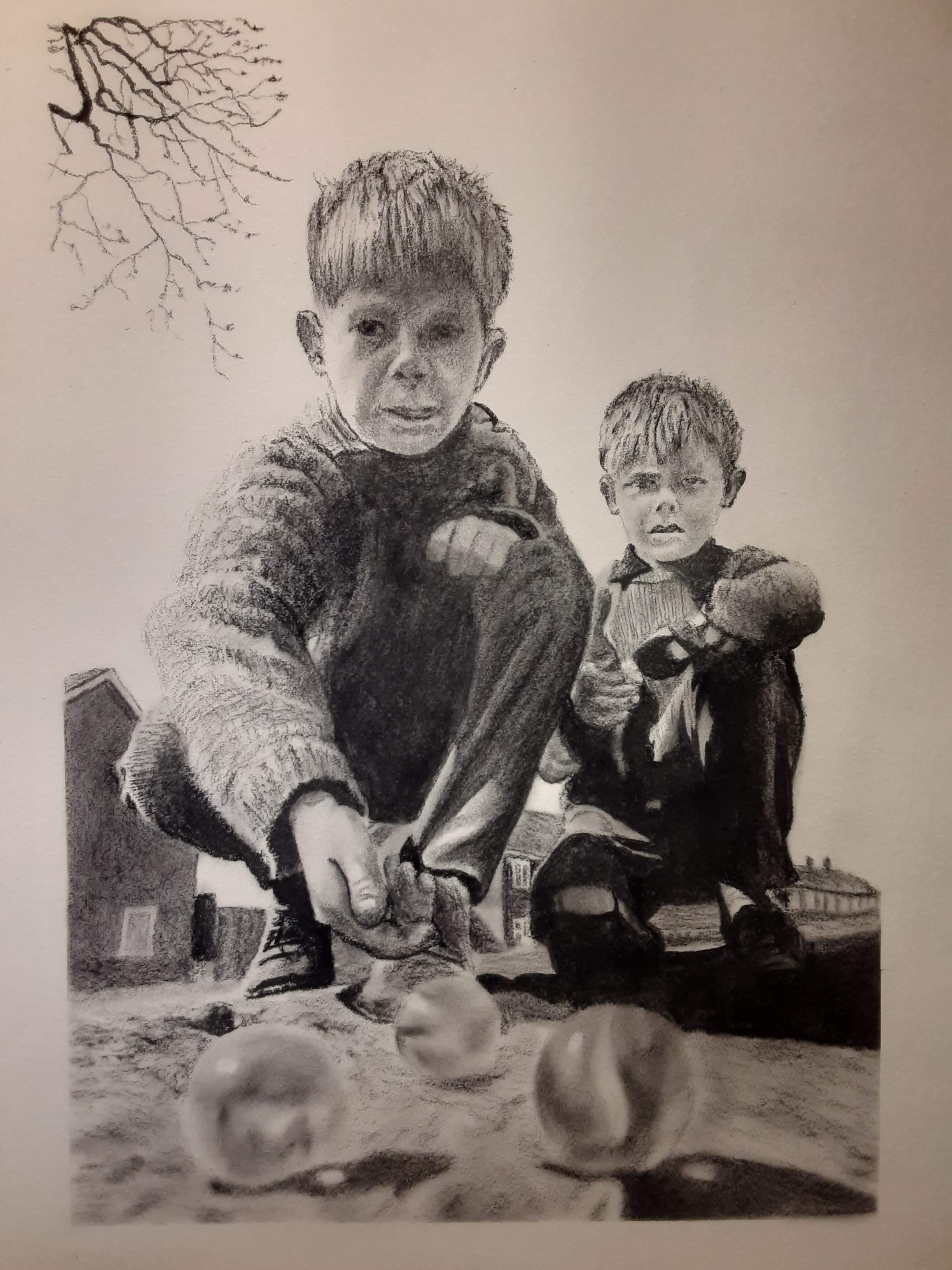 Charcoal Art of a Classic Game of Marbles