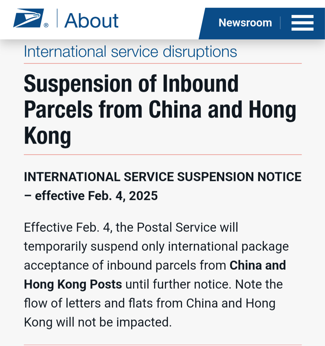 Important update: Suspension of inbound parcels from China and Hong Kong