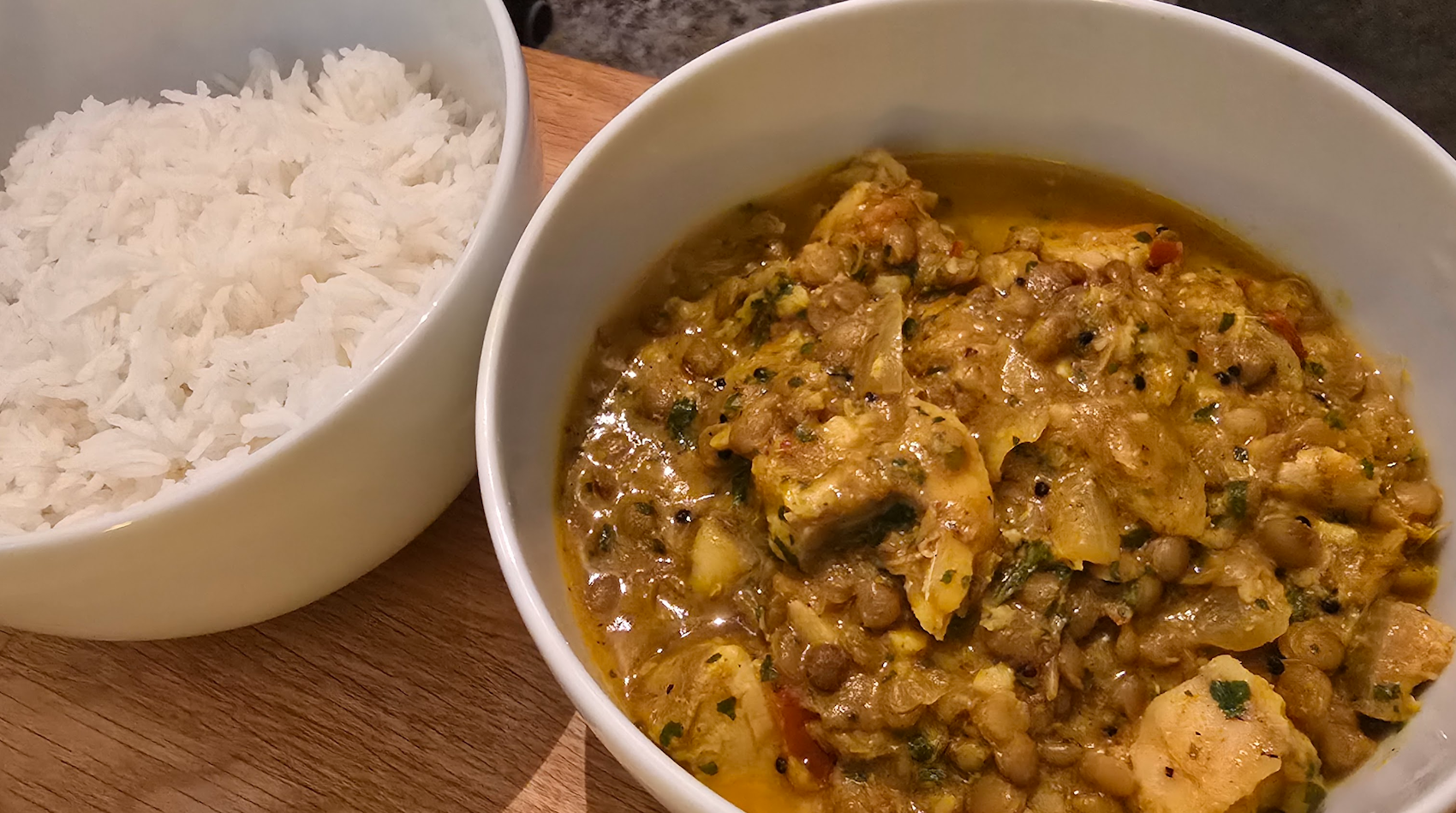 Delicious Coley Fish Curry with Coconut and Green Lentils