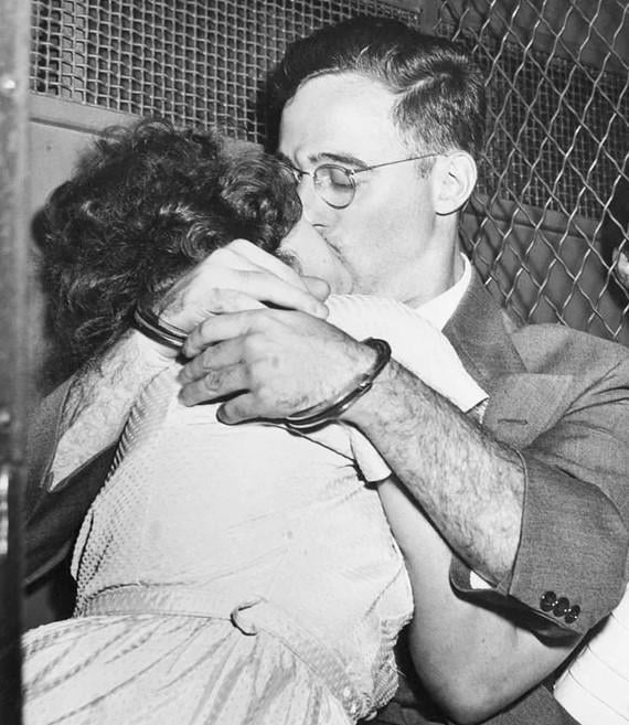 A historic moment: Julius and Ethel Rosenberg share a kiss in a prison vehicle, 1950