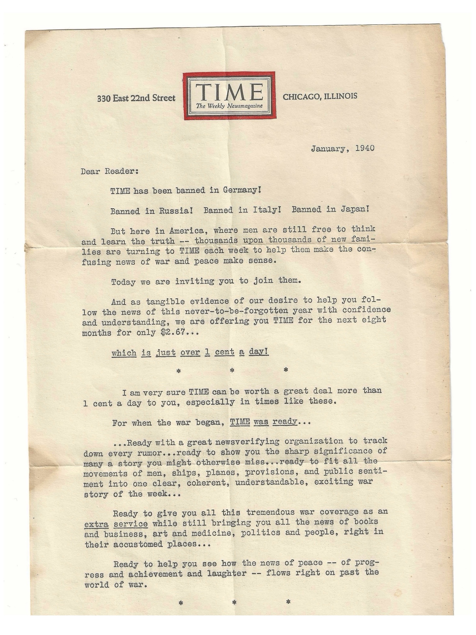 A Vintage WWII Era TIME Magazine Promo: 'TIME Has Been Banned in Germany!' - 1940