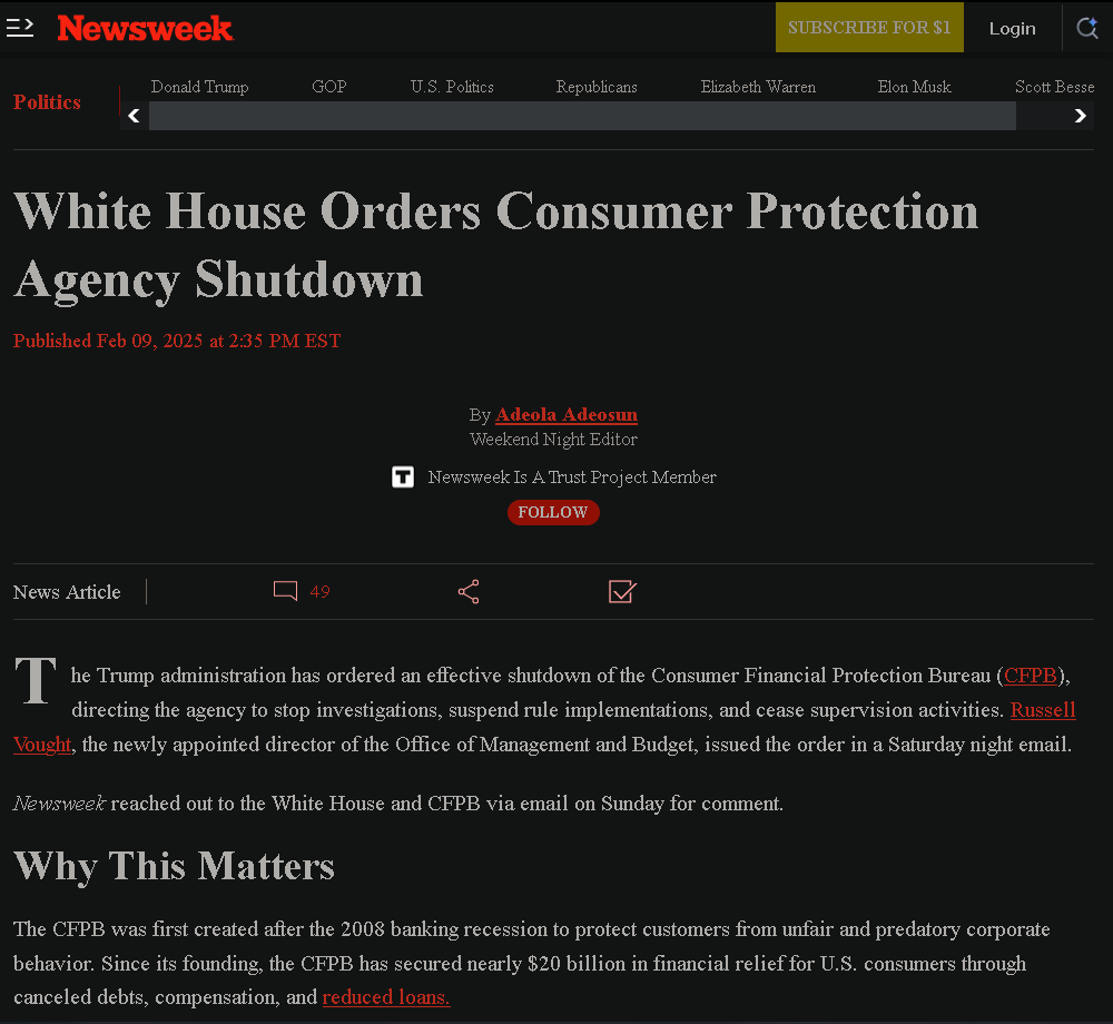 White House Takes Controversial Step to Shut Down Consumer Protection Agency