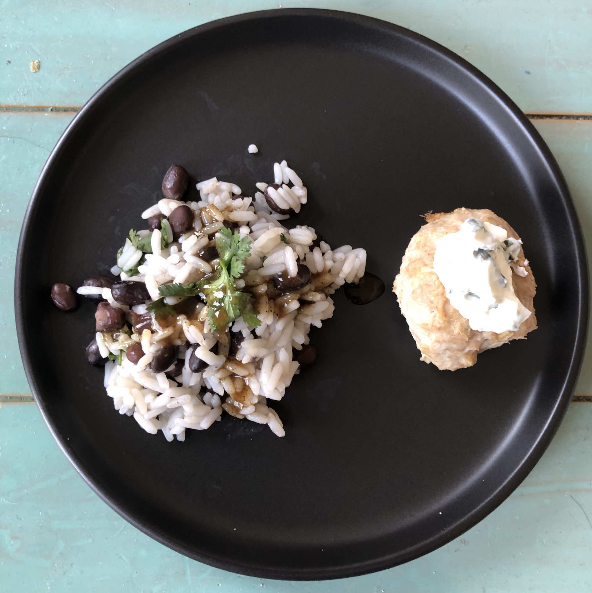 Delicious Jerk Turkey Meatballs Served with Cilantro Rice and Beans