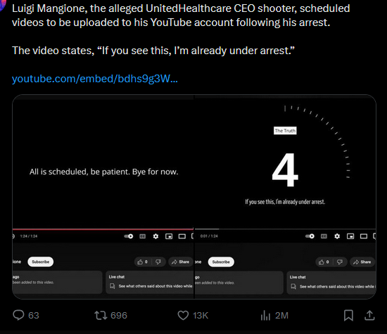 Luigi Mangione's arrest sparks a series of videos set to premiere on his YouTube channel.