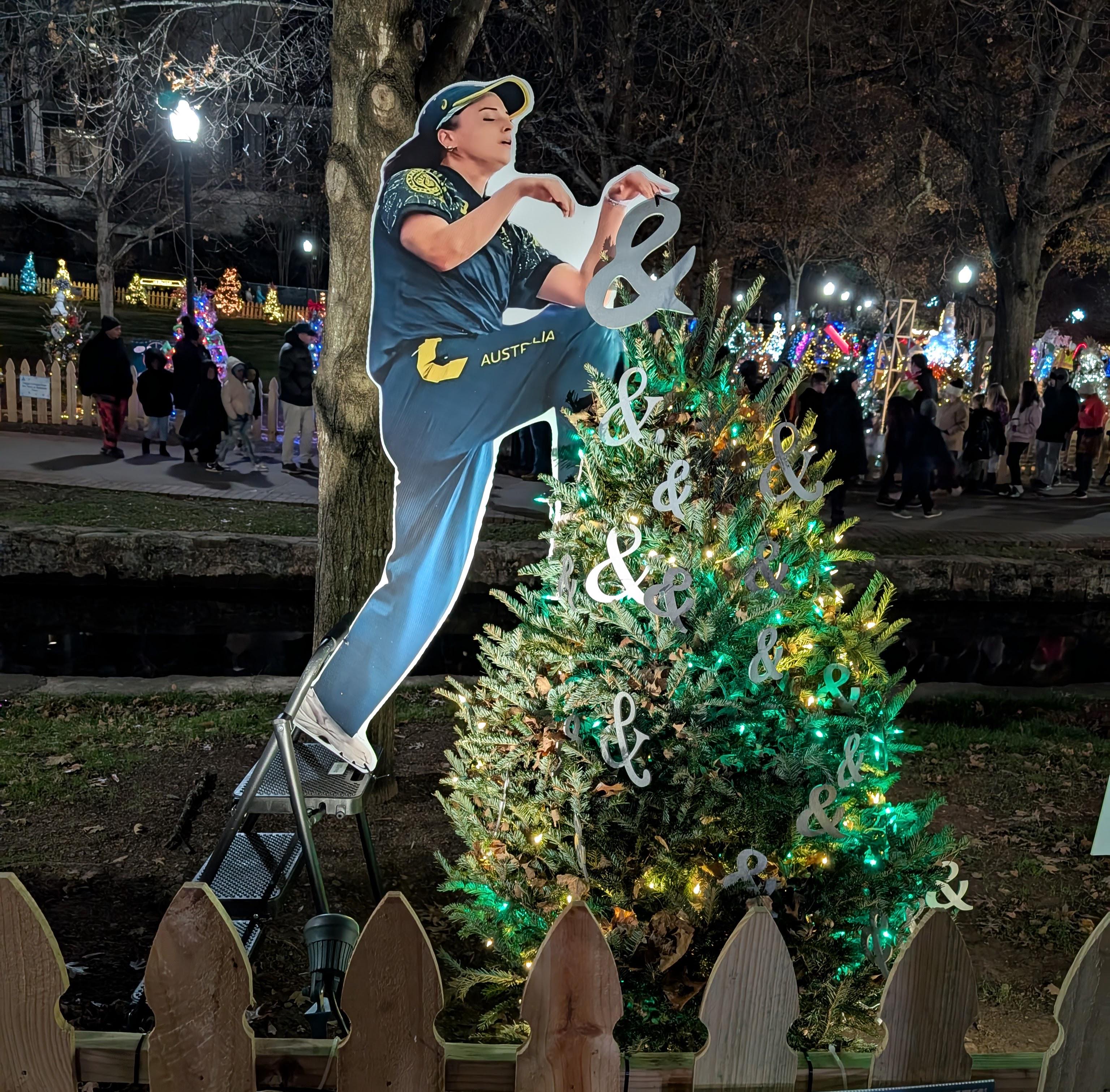 Raygun, the breakdancing legend, gets a festive tribute by the Christmas tree in my hometown.