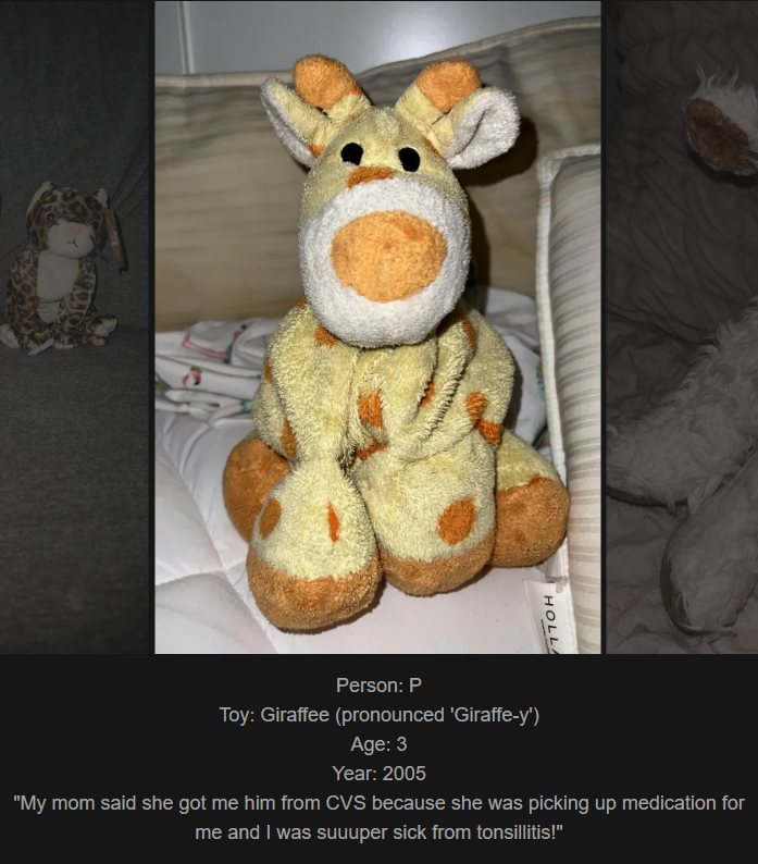 Day 790: Join me on my website to celebrate the bond with our childhood toys! Meet Giraffee, our latest addition!