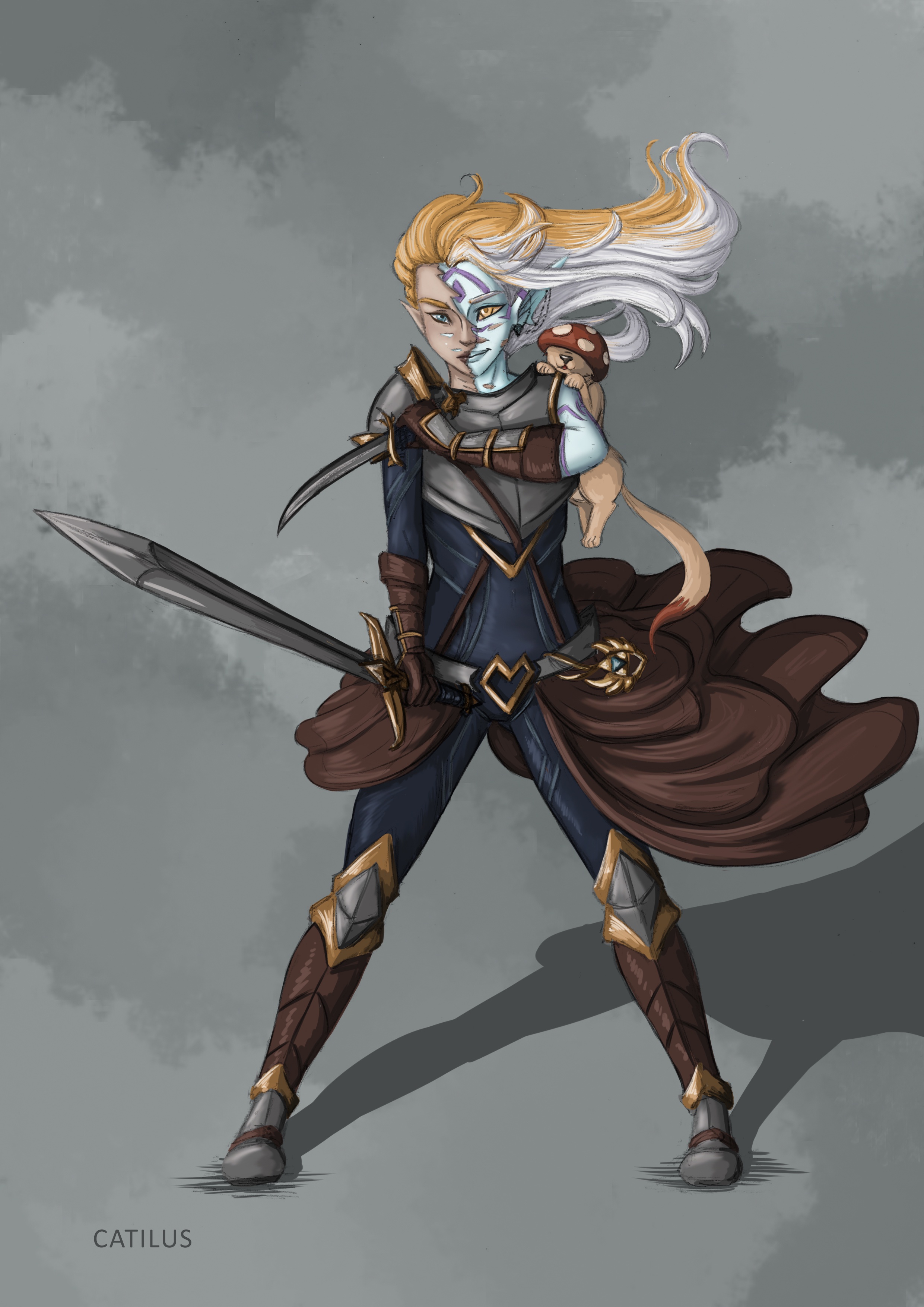 Meet Cagalli, the Dark Elf Cleric and Rogue, alongside Amanita, the Shroompy – Unforgettable D&D Characters