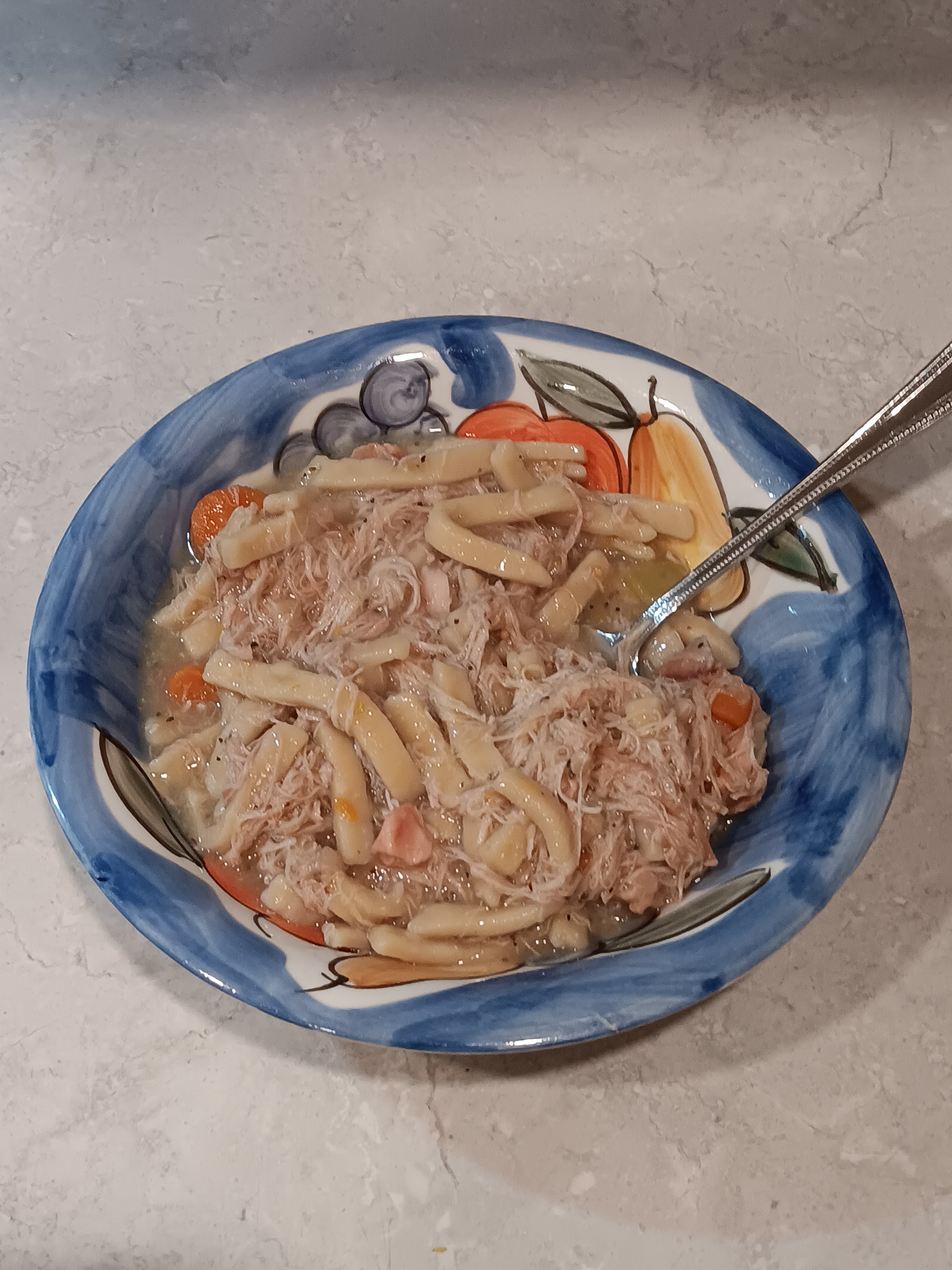 Enjoying a cozy winter meal with chicken and noodles – comfort food at its best!