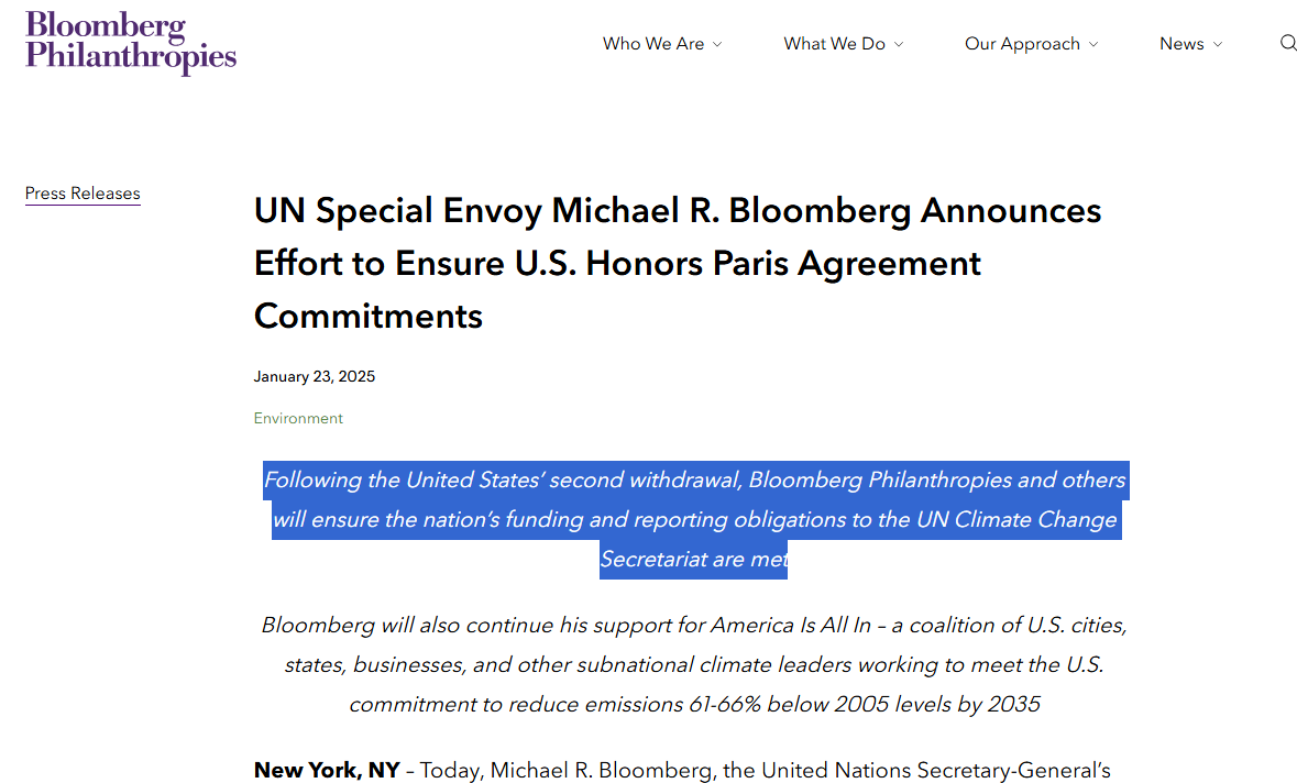 Bloomberg Steps Up to Cover Missing US Payments After Trump's Paris Agreement Exit