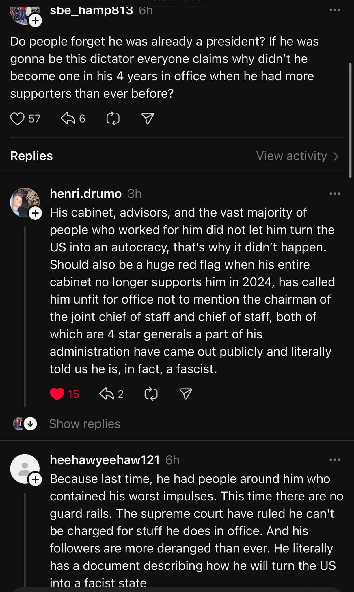 The argument that 'he was already president and didn't become a dictator' is such a weak counterpoint