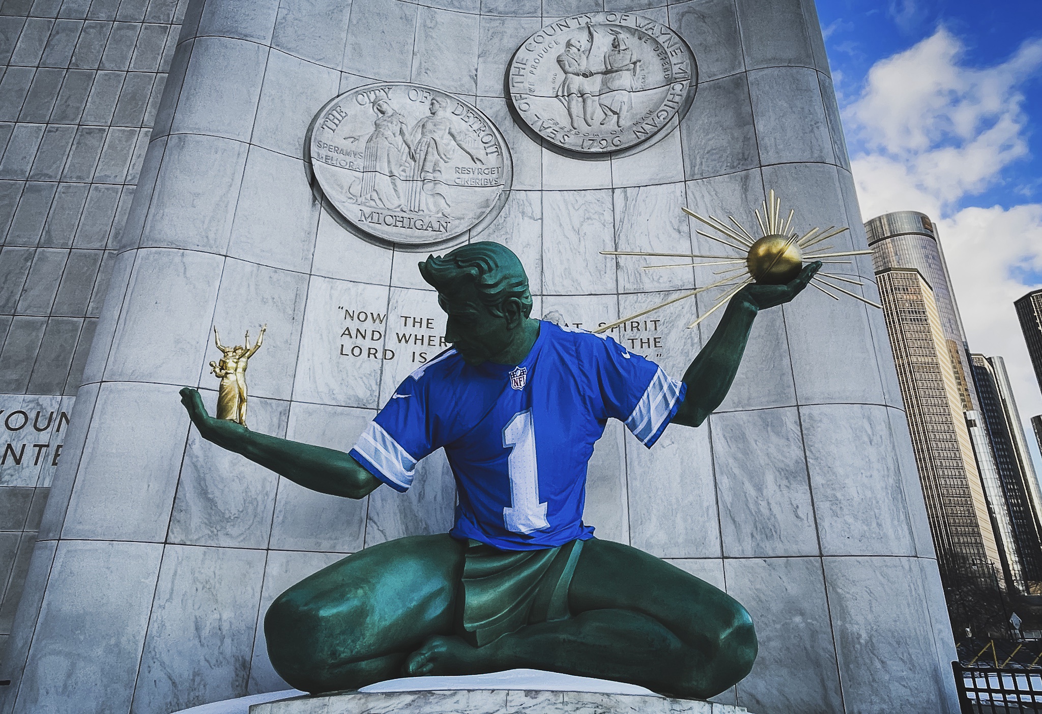 Detroit Spirit Statue Proudly Sporting a Lions Jersey - Go Lions!