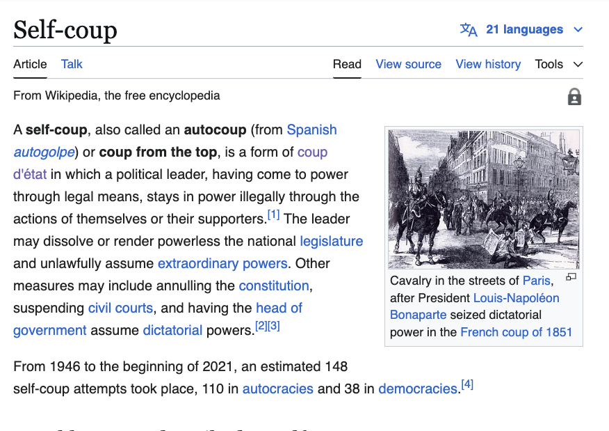 According to Wikipedia, the US is experiencing a 'self-coup'