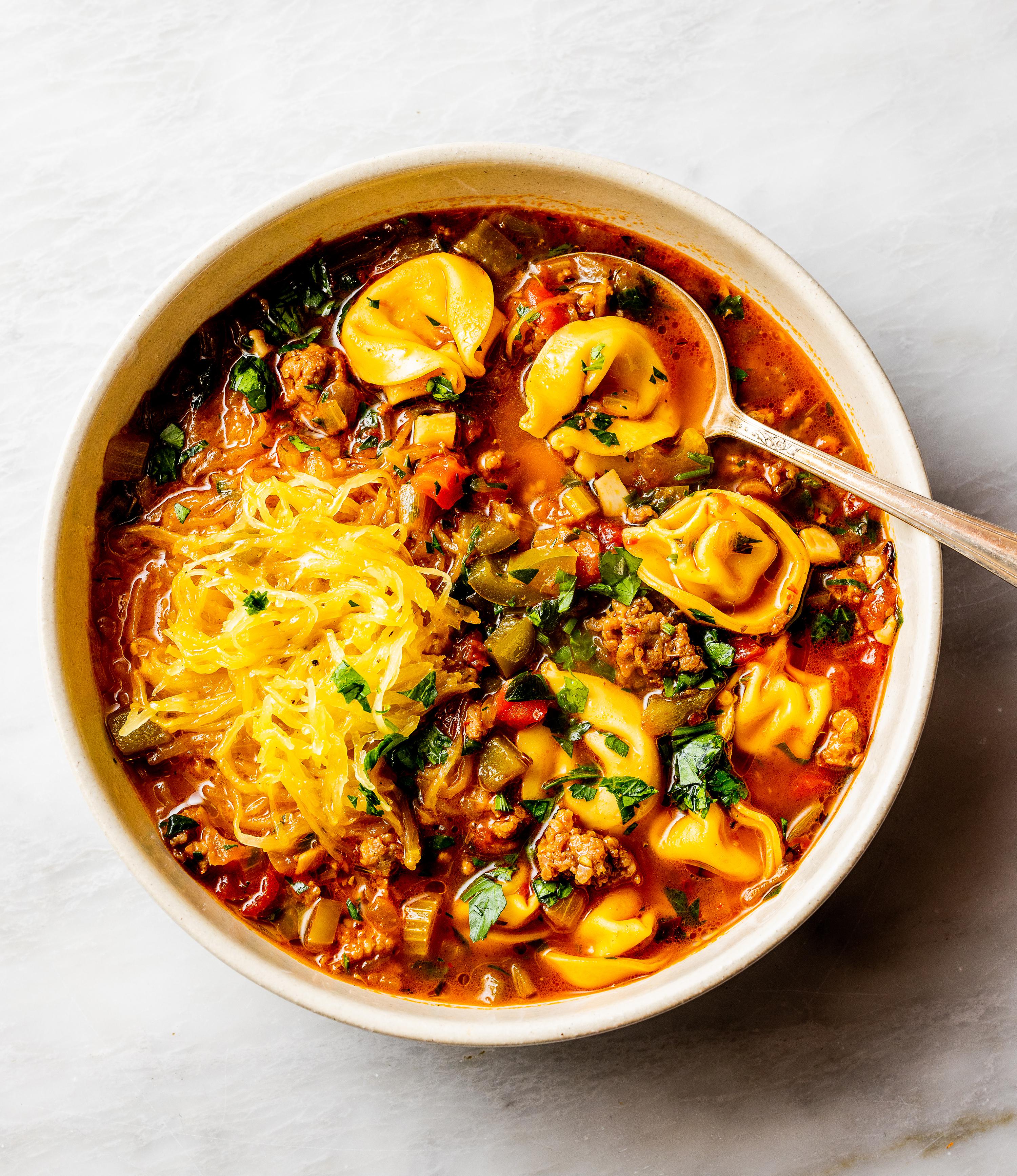 Delicious Sausage Tortellini Soup with a twist of Spaghetti Squash!