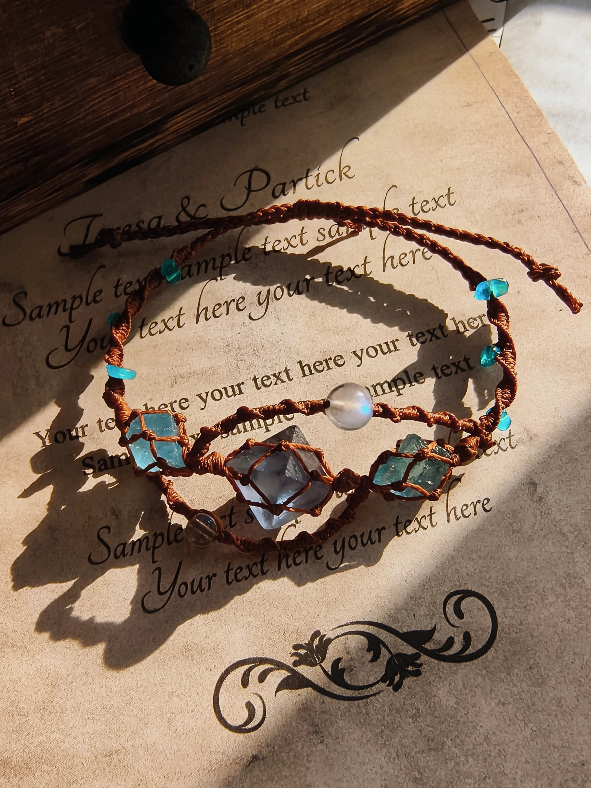 I crafted a beautiful bracelet with blue fluorite, gray moonstone, apatite, and wax cord.