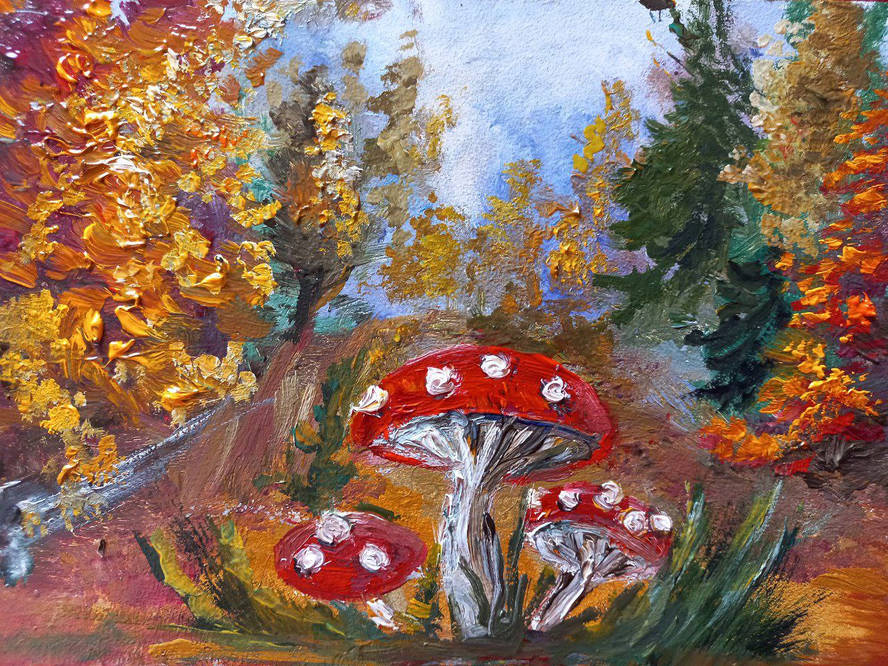 My oil painting of fly agarics in the enchanting forest.