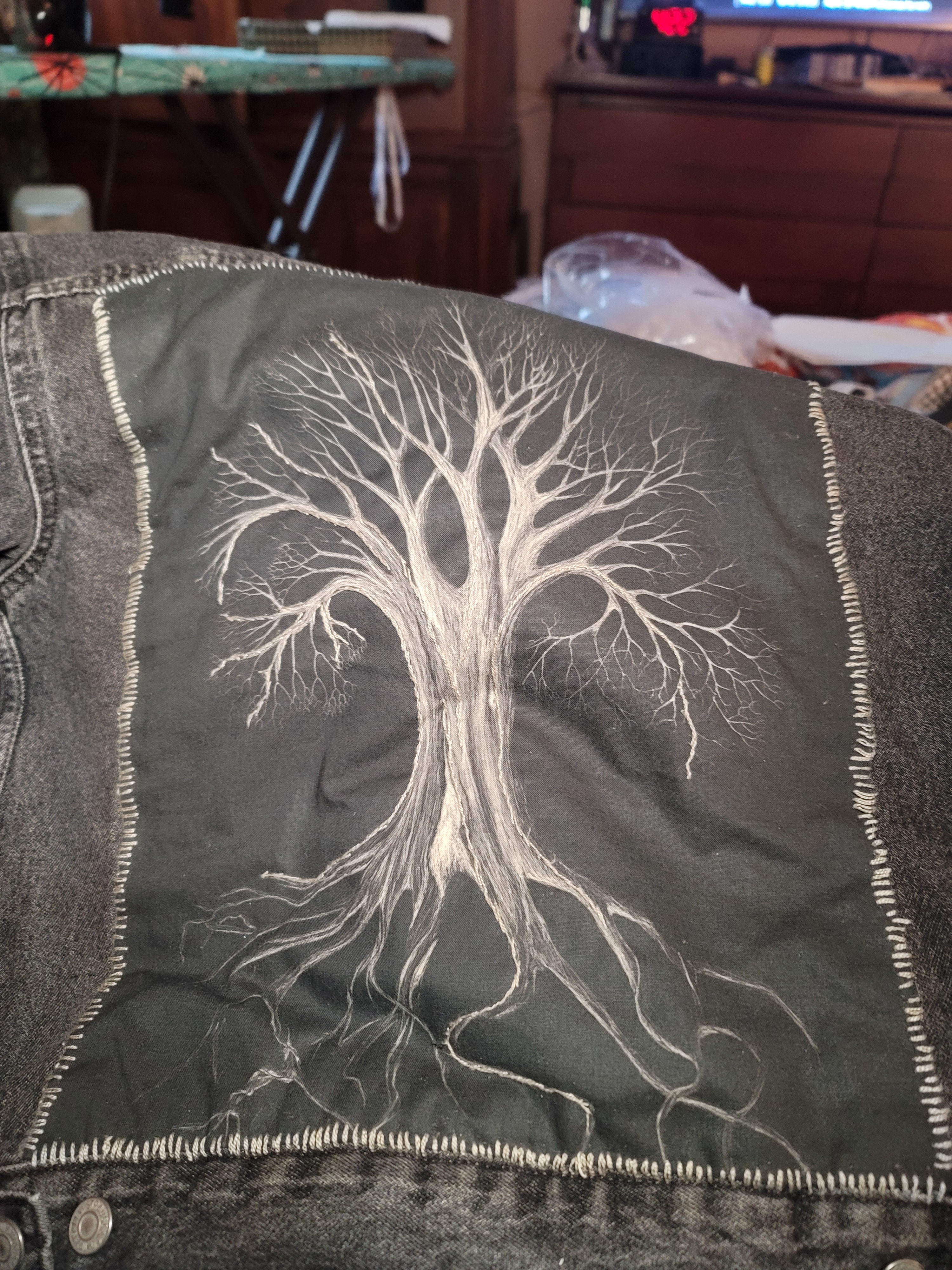 Before and after: My hand-drawn tree of life transformed with tea dyeing, upcycling this jacket for keeps!