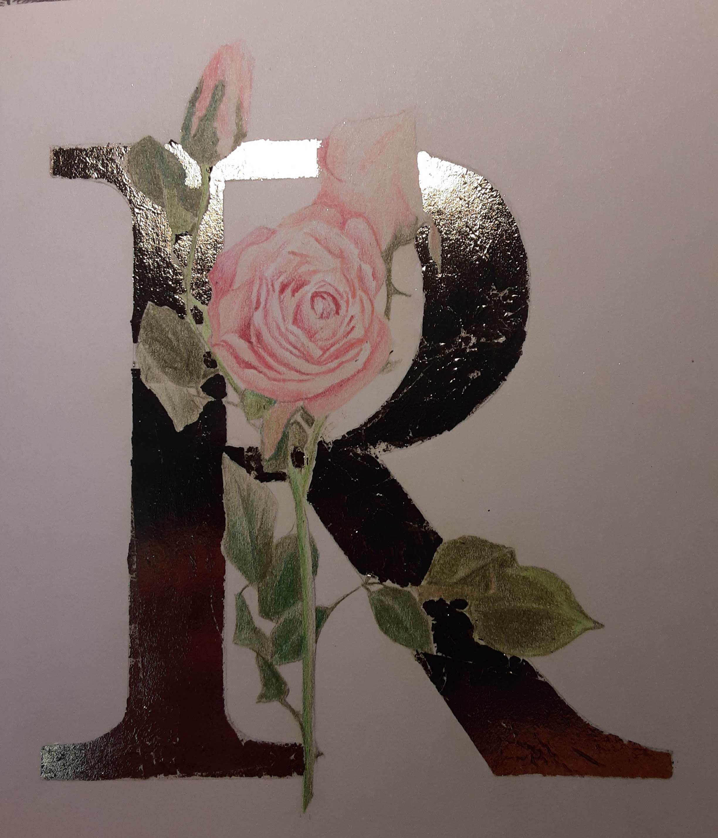 A Beautiful Valentine's Card Adorned with Pencil Roses and a Gilded Initial