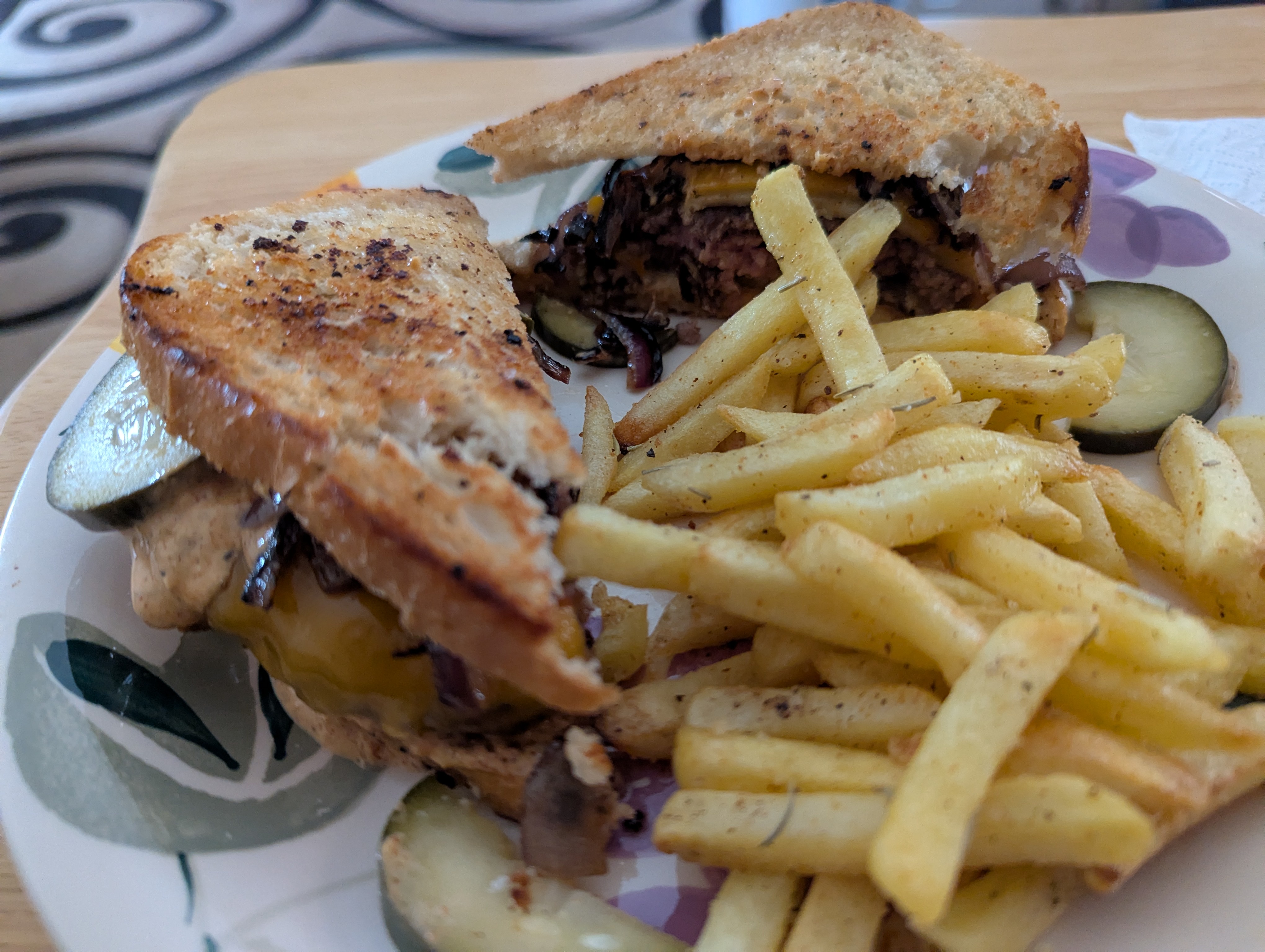 Delicious Patty Melts with Homemade Pickles and Garlic Parmesan Fries