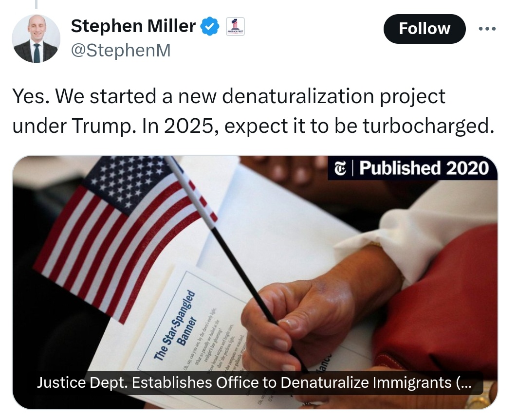 Get ready for an accelerated push towards denaturalization!