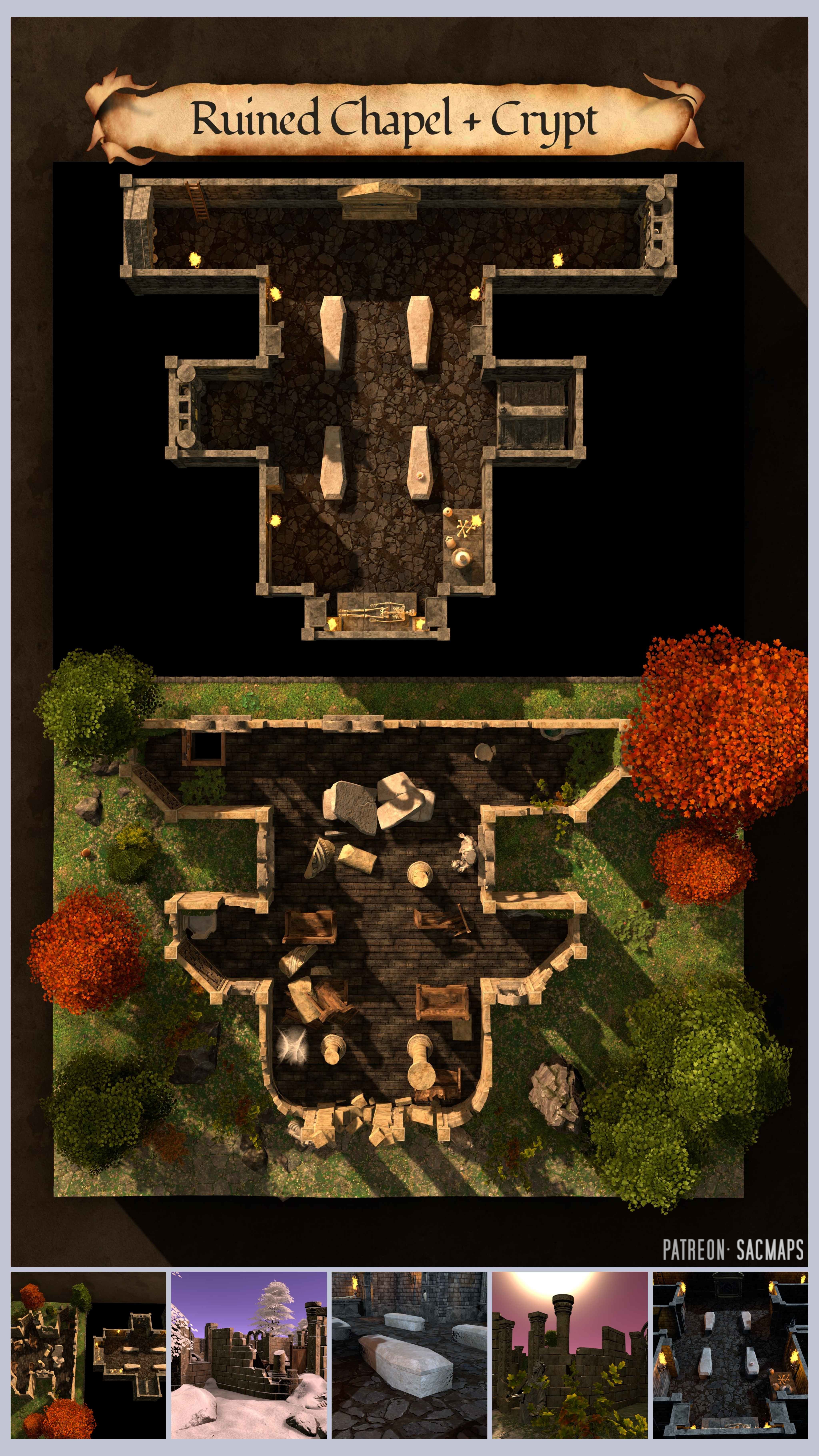 Explore the Ruined Chapel & Crypt: Free DnD/TTRPG maps for your adventures