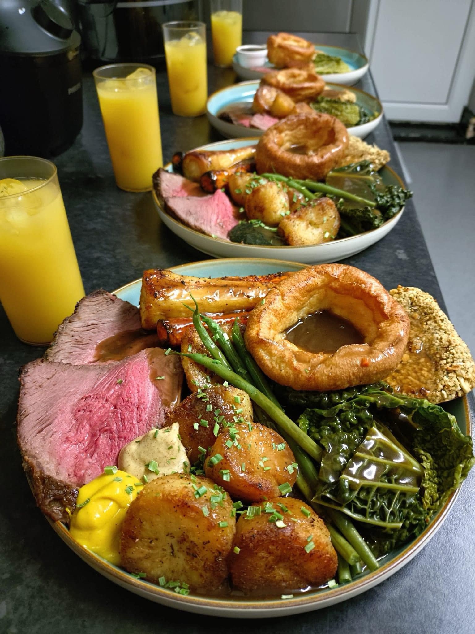 Indulge in a classic British Roast Beef Dinner with all the delicious trimmings!