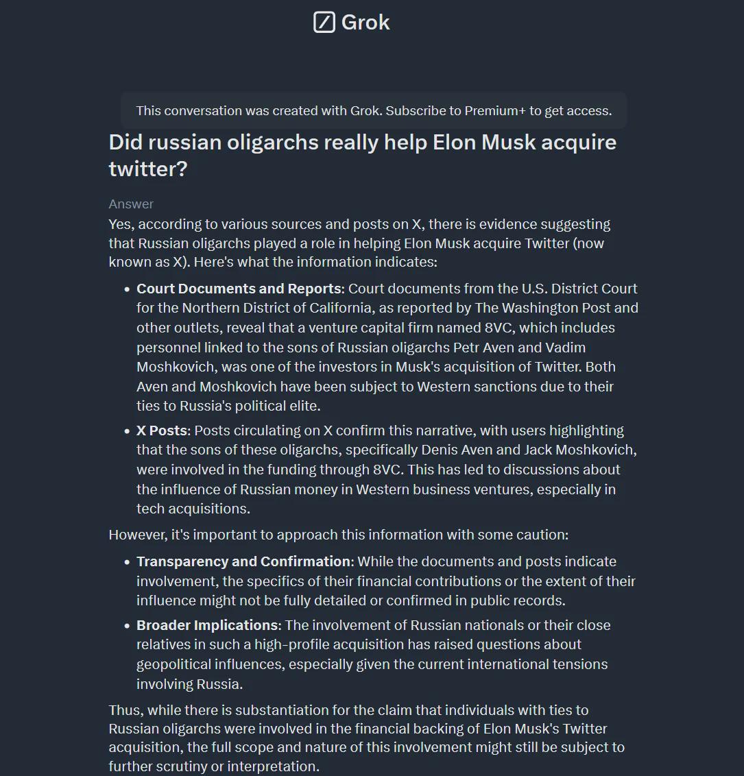 Elon Musk's AI Chatbot 'Grok': Did Russian Oligarchs Influence His Twitter Acquisition?