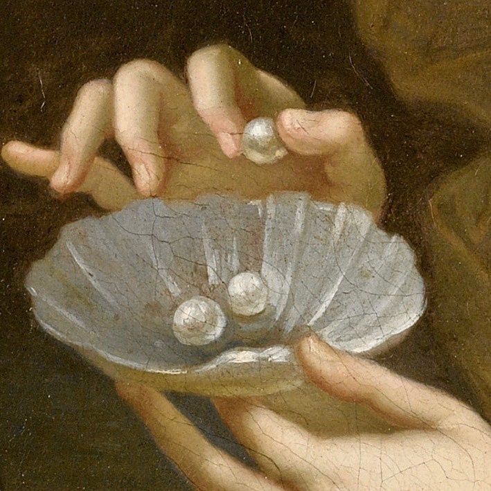 A Lady's Portrait in Allegorical Splendor, Grasping a Dish of Pearls - Detail