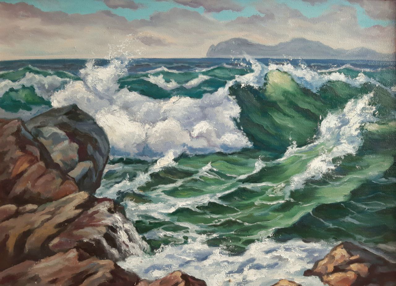 A vibrant green sea captured in my oil painting on canvas.