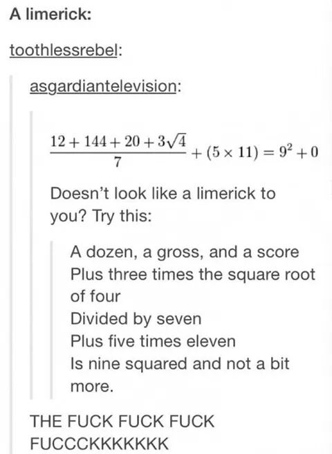 A quirky math limerick, my 16th favorite!