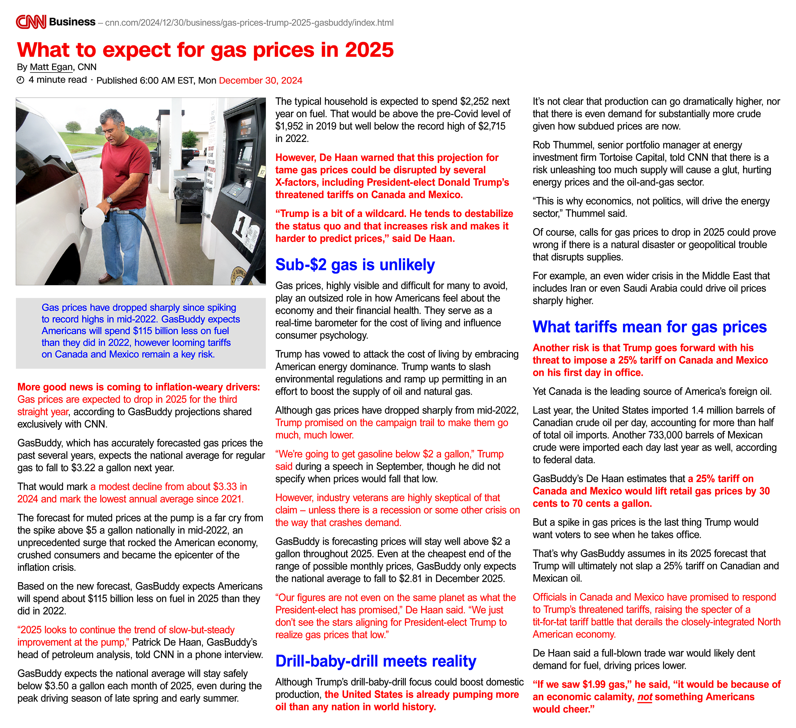 Predictions for Gas Prices in 2025 as of December 31, 2024