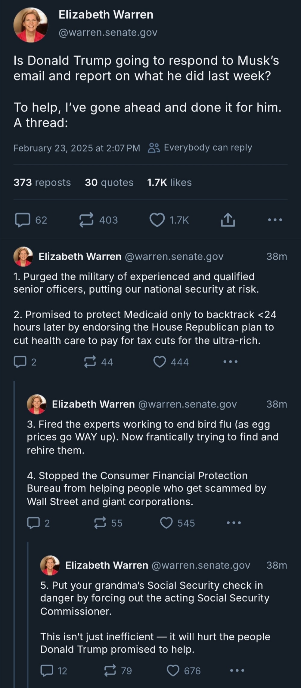 Elizabeth Warren Wraps Up Last Week by Calling Out Trump and DOGE with Unquestionable Facts - Thank You, Senator!