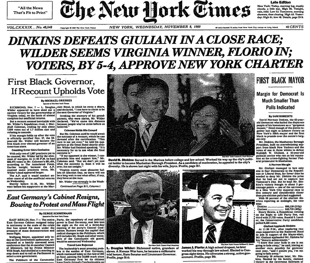 David Dinkins Makes History as NYC's First Black Mayor on November 7, 1989