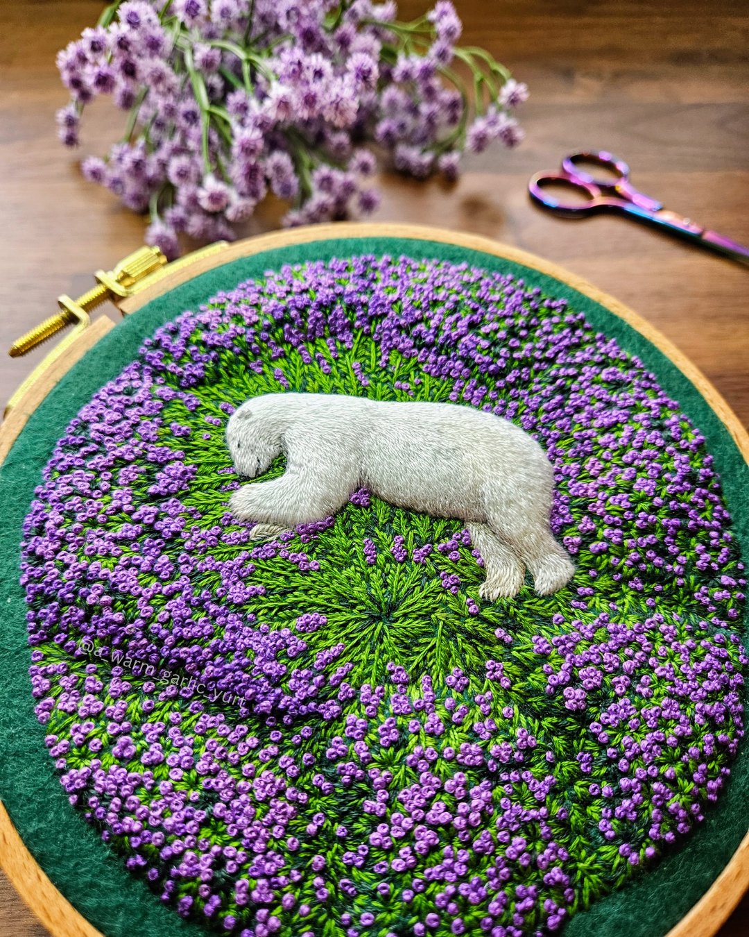 Delicate Hand Embroidery of a Springtime Polar Bear