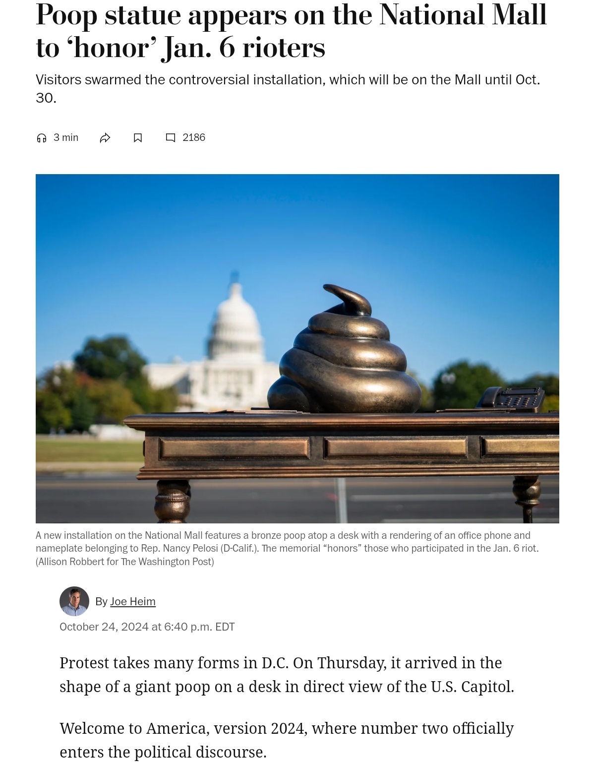 A Poop Statue Unveiled on the National Mall to 'Honor' Jan. 6 Rioters
