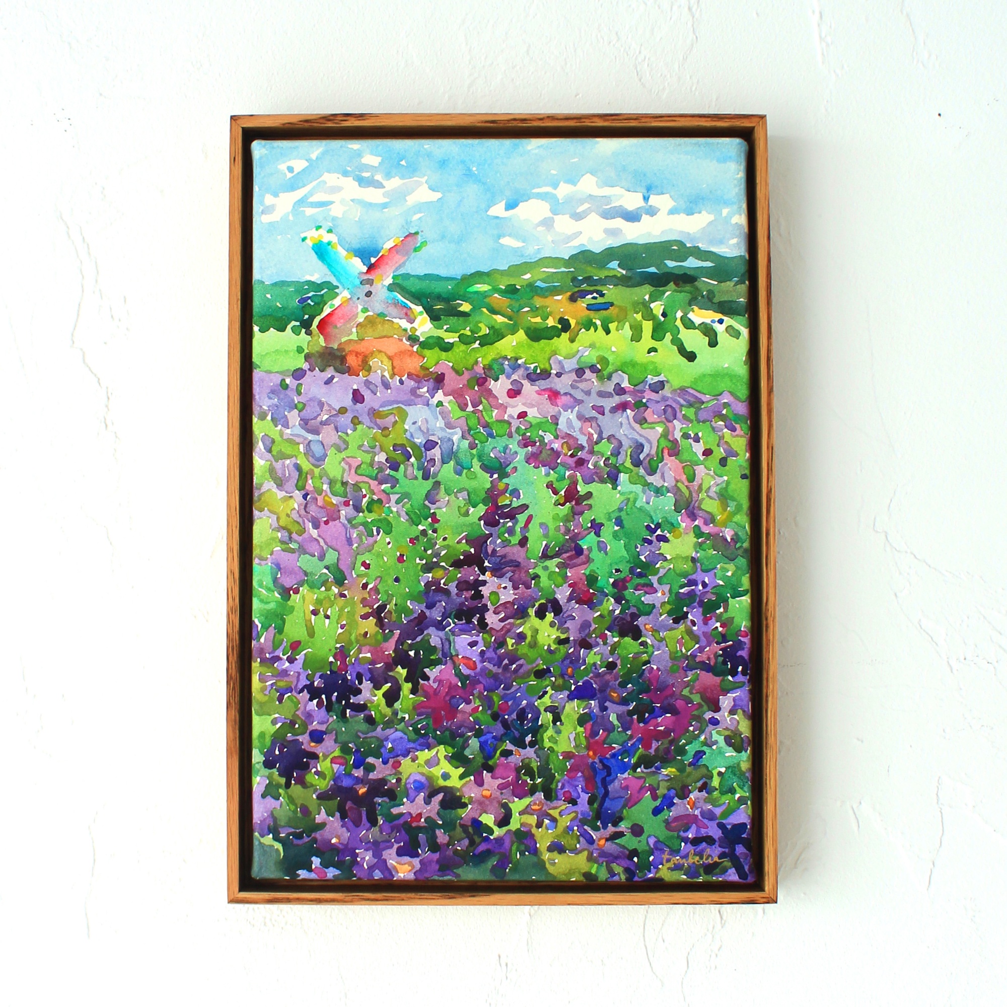 A Serene Lavender Field and Mill Depicted in Watercolor
